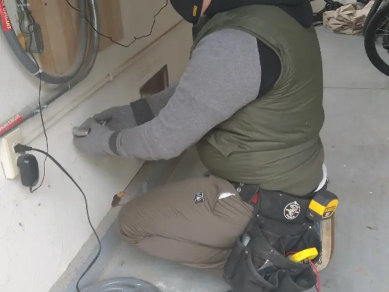 Electrician performing outlet wiring in a Yorkshire garage